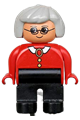 Duplo Figure, Female, Black Legs, Red Blouse with White Collar, Gray Hair, Glasses - 4555pb212