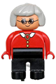 Female Duplo figure with black legs, wearing a red blouse with white collar, gray hair, and glasses - 4555pb212