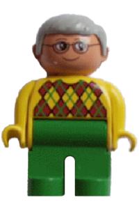 Duplo Figure, Male, Green Legs, Yellow Argyle Sweater, Gray Hair, Glasses 4555pb213
