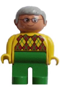 Duplo Male - Male Duplo figure with green legs, yellow argyle sweater, gray hair, and glasses - 4555pb213