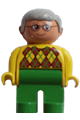 Duplo Figure, Male, Green Legs, Yellow Argyle Sweater, Gray Hair, Glasses - 4555pb213