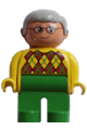 Male Duplo figure with green legs, yellow argyle sweater, gray hair, and glasses - 4555pb213