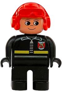 Duplo Figure, Male Fireman, Black Legs, Black Top with Fire Logo and Zipper, Red Aviator Helmet 4555pb214