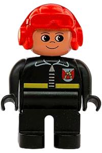 Duplo Male Fireman - Male Duplo fireman with black legs, wearing a black top with fire logo and zipper, and a red aviator helmet - 4555pb214