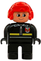 Duplo Figure, Male Fireman, Black Legs, Black Top with Fire Logo and Zipper, Red Aviator Helmet - 4555pb214