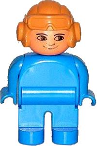 Duplo Figure, Male, Blue Legs, Blue Top, Aviator Helmet Fabuland Brown, no White in Eyes Pattern 4555pb215