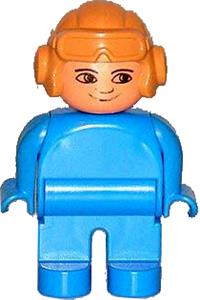 Duplo Male - Male Duplo figure with blue legs, blue top, and aviator helmet in Fabuland brown, with no white in eyes pattern - 4555pb215