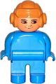 Male Duplo figure with blue legs, blue top, and aviator helmet in Fabuland brown, with no white in eyes pattern - 4555pb215