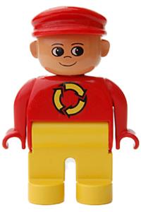 Duplo Male - Male Duplo figure with yellow legs, wearing a red top with recycle logo and a red cap, featuring a turned-up nose - 4555pb217