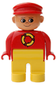 Duplo Figure, Male, Yellow Legs, Red Top with Recycle Logo, Red Cap, turned up Nose - 4555pb217