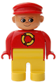 Male Duplo figure with yellow legs, wearing a red top with recycle logo and a red cap, featuring a turned-up nose - 4555pb217