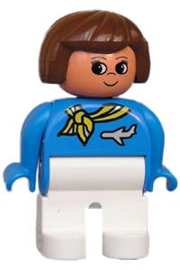 Duplo Female - Female Duplo figure with white legs, wearing a blue top with a scarf and jet airplane, and brown hair with turned up nose - 4555pb218