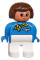 Duplo Figure, Female, White Legs, Blue Top with Scarf and Jet Airplane, Brown Hair, Turned Up Nose - 4555pb218