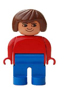 Duplo Figure, Female, Blue Legs, Red Top, Brown Hair, No Eyelashes, Plain Smile 4555pb221