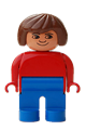 Duplo Figure, Female, Blue Legs, Red Top, Brown Hair, No Eyelashes, Plain Smile - 4555pb221