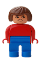 Female Duplo figure with brown hair, wearing a red top and blue legs, with a plain smile and no eyelashes - 4555pb221