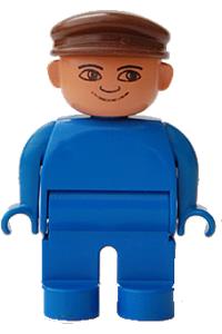 Duplo Male - Male Duplo figure with blue legs, a blue top, and a brown cap without white in eyes pattern - 4555pb222