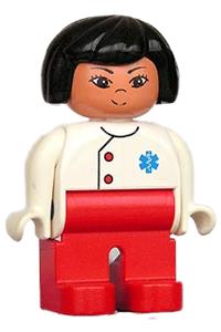 Duplo Figure, Female Medic, Red Legs, White Top with EMT Star of Life Pattern, Black Hair 4555pb225