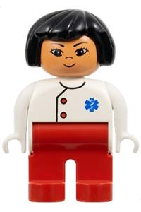 Duplo Female Medic - Female Duplo medic with black hair, wearing white top with EMT Star of Life, red legs - 4555pb225