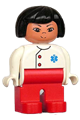 Duplo Figure, Female Medic, Red Legs, White Top with EMT Star of Life Pattern, Black Hair - 4555pb225