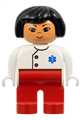 Duplo Figure, Female Medic, Red Legs, White Top with EMT Star of Life Pattern, Black Hair - 4555pb225