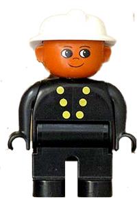 Duplo Figure, Male Fireman, Black Legs, Black Top with 6 Yellow Buttons, White Fire Helmet, Brown Head 4555pb226
