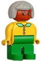 Duplo Figure, Female, Green Legs, Yellow Blouse with Collar, Gray Hair, Brown Head - 4555pb227