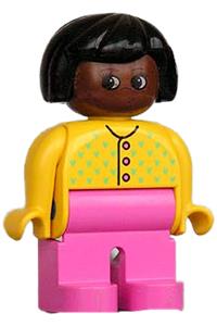 Duplo Figure, Female, Dark Pink Legs, Yellow Sweater with 3 Buttons V Stitching, Black Hair, Brown Head 4555pb228