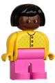Duplo Figure, Female, Dark Pink Legs, Yellow Sweater with 3 Buttons V Stitching, Black Hair, Brown Head - 4555pb228