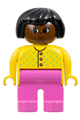 Duplo Figure, Female, Dark Pink Legs, Yellow Sweater with 3 Buttons V Stitching, Black Hair, Brown Head - 4555pb228