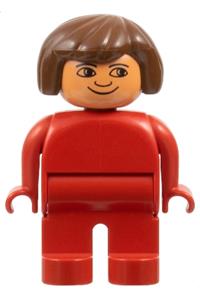 Duplo Female - Female Duplo figure with brown hair, wearing a red top and red legs - 4555pb233