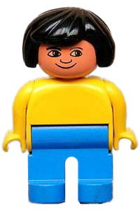 Duplo Female - Female Duplo figure with black hair, wearing a yellow blouse and blue legs - 4555pb234