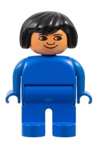 Duplo Female - Duplo figure with a black hair and blue legs, wearing a blue blouse - 4555pb235