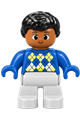Male Duplo figure with light gray legs, wearing a blue argyle sweater, black hair, and a brown head - 4555pb239