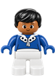 Female Duplo figure with white legs, wearing a blue top with white buttons and black hair - 4555pb241