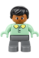 Male Duplo figure with dark gray legs, light green top featuring 2 buttons and a collar, and black hair - 4555pb242