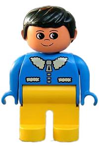 Duplo Figure, Male, Yellow Legs, Blue Top with White Collar, Black Hair 4555pb243