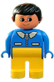 Duplo Figure, Male, Yellow Legs, Blue Top with White Collar, Black Hair - 4555pb243