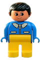 Male Duplo figure with yellow legs, wearing a blue top with white collar and black hair - 4555pb243