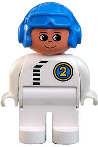 Duplo Male Racer 2 - Male Duplo figure with white legs and top with black zipper and Racer #2, wearing a blue aviator helmet - 4555pb244