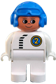 Duplo Figure, Male, White Legs, White Top with Black Zipper and Racer #2, Blue Aviator Helmet - 4555pb244