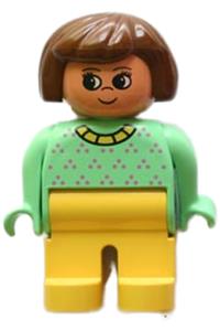 Duplo Figure, Female, Yellow Legs, Light Green Top with Purple Dots, Yellow Collar, Brown Hair 4555pb246