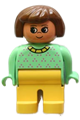 Female Duplo figure with yellow legs, wearing a light green top with purple dots, yellow collar, and brown hair - 4555pb246