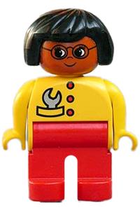 Duplo Figure, Female, Red Legs, Yellow Top with Red Buttons & Wrench in Pocket, Black Hair, Glasses, Brown Head 4555pb247