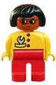 Duplo Figure, Female, Red Legs, Yellow Top with Red Buttons & Wrench in Pocket, Black Hair, Glasses, Brown Head - 4555pb247