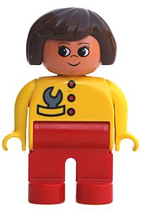 Duplo Figure, Female, Red Legs, Yellow Top with Red Buttons & Wrench in Pocket, Brown Hair, Turned Up Nose 4555pb248