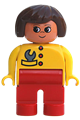 Female Duplo figure with red legs, yellow top with red buttons and a wrench in pocket, brown hair, turned-up nose - 4555pb248