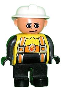 Duplo Male Fireman - Male Duplo fireman with black legs, yellow top featuring flames and orange suspenders, white fire helmet, no moustache - 4555pb250