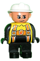 Duplo Figure, Male Fireman, Black Legs, Yellow Top with Flame and Orange Suspenders, White Fire Helmet, no Moustache - 4555pb250