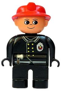 Duplo Figure, Male Fireman, Black Legs, Black Top with Flame Logo, Red Fire Helmet, no Moustache 4555pb251